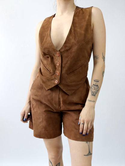 Vintage 80er 90er COPACABANA Zweiteiler Weste Bermudashorts Wildleder braun 40