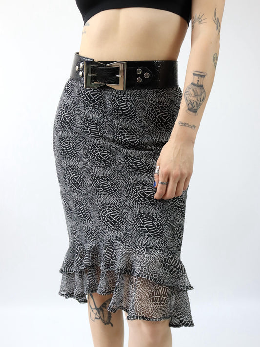 Vintage 90er 00er Y2k CANDA Midirock crazy pattern Mesh Raffung schwarz weiß 38