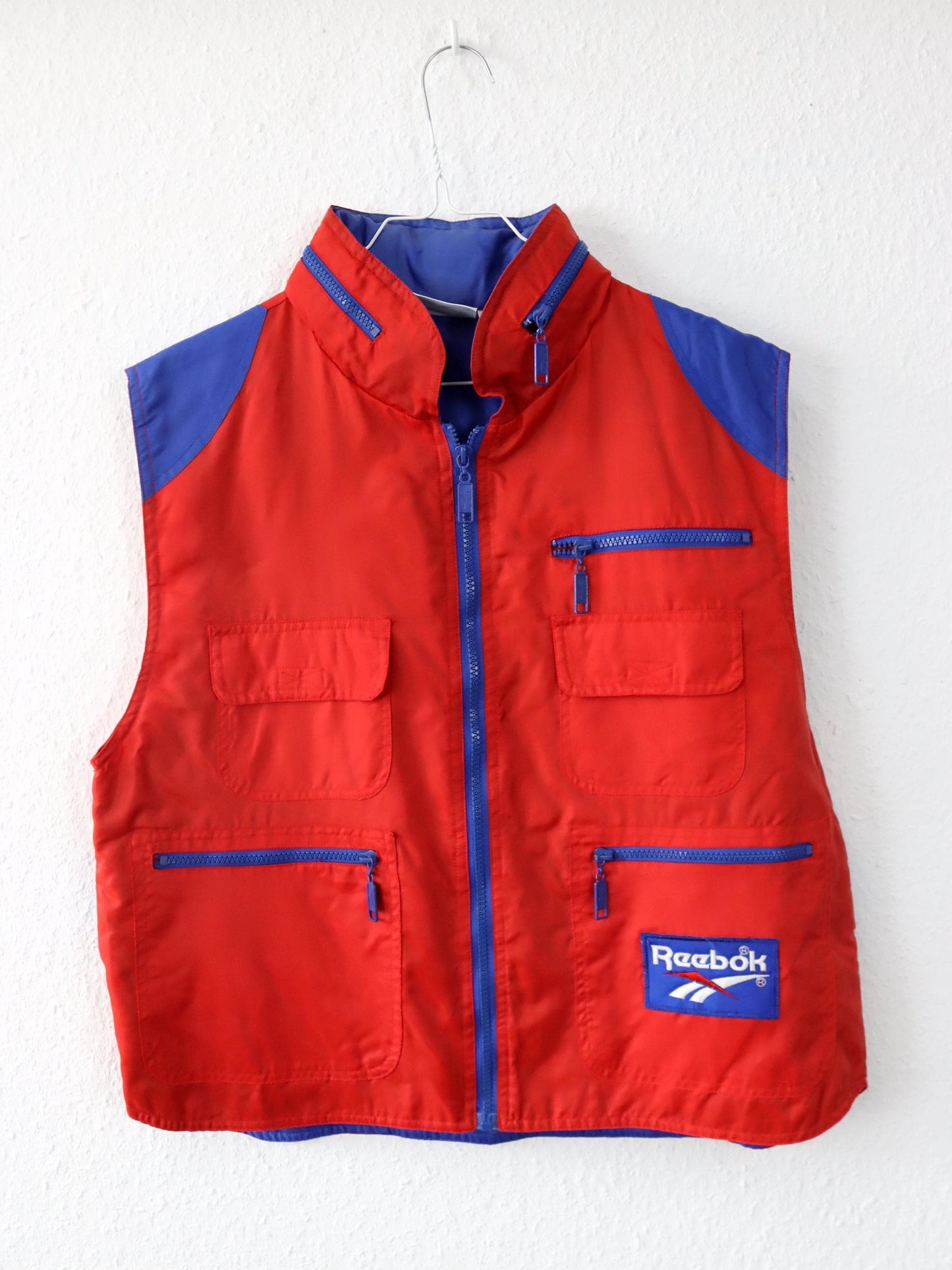 Vintage 80er 90er REEBOK Weste Cargoweste Utility Kapuze blau rot S