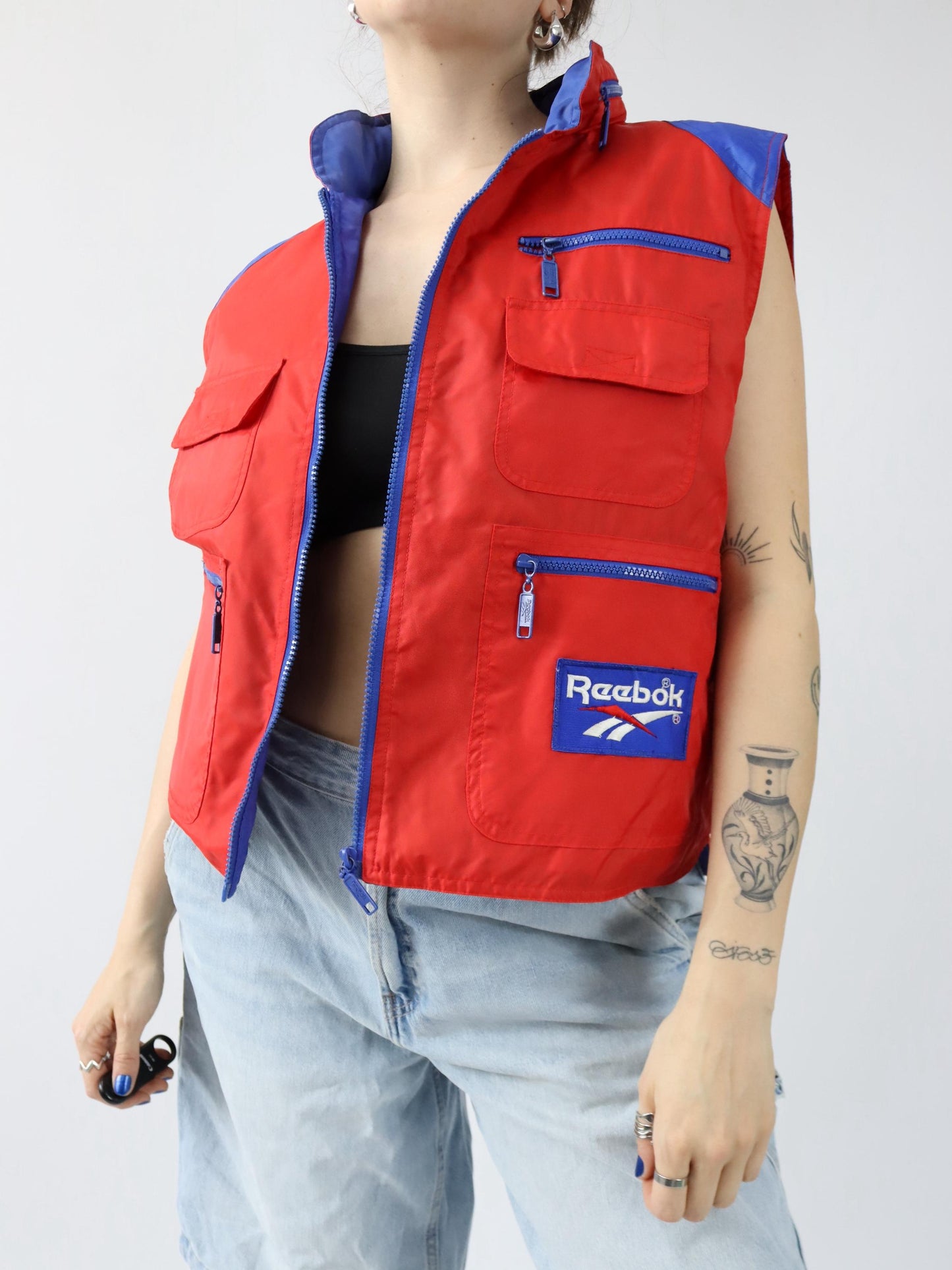 Vintage 80er 90er REEBOK Weste Cargoweste Utility Kapuze blau rot S