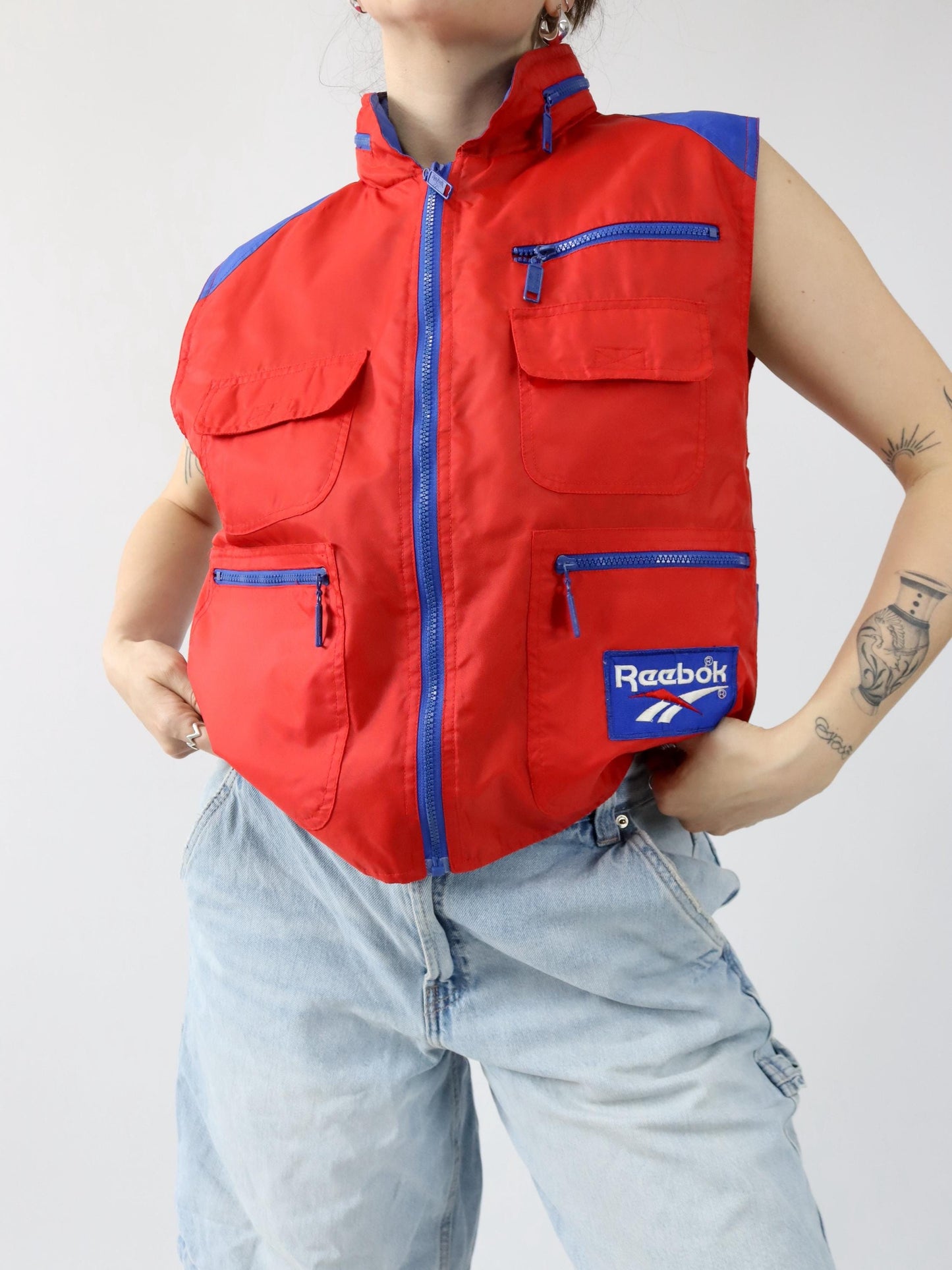 Vintage 80er 90er REEBOK Weste Cargoweste Utility Kapuze blau rot S
