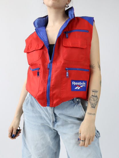 Vintage 80er 90er REEBOK Weste Cargoweste Utility Kapuze blau rot S