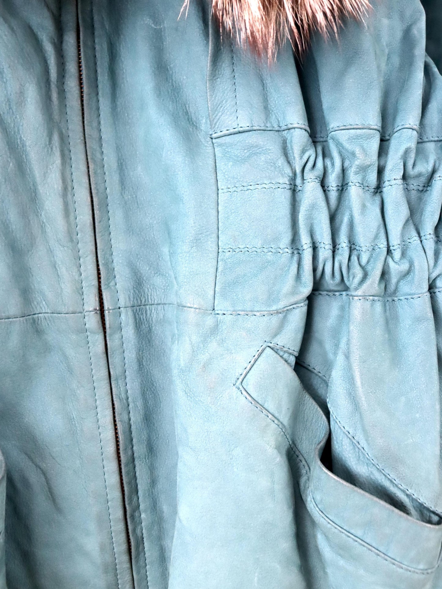 Vintage 80er 90er ALTA MODA Ledermantel Lederjacke Kapuze Pelzkragen türkis 42