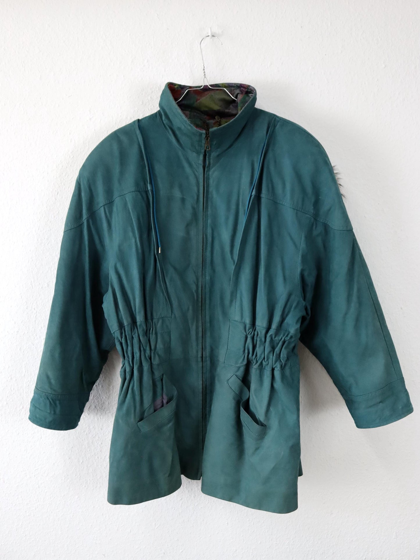 Vintage 80er 90er ALTA MODA Ledermantel Lederjacke Kapuze Pelzkragen türkis 42