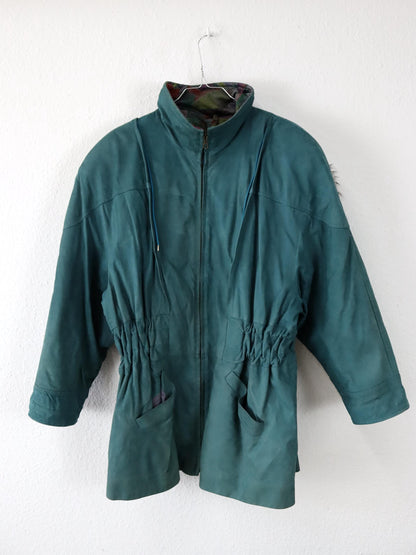 Vintage 80er 90er ALTA MODA Ledermantel Lederjacke Kapuze Pelzkragen türkis 42