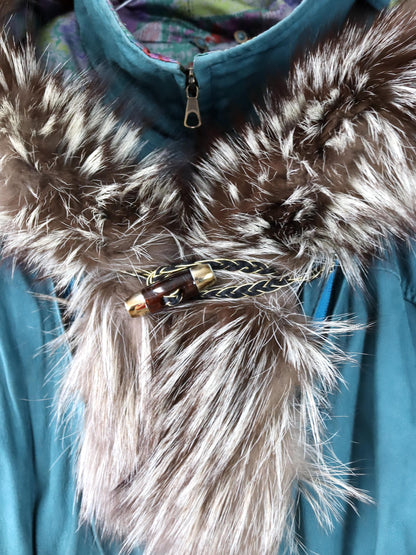 Vintage 80er 90er ALTA MODA Ledermantel Lederjacke Kapuze Pelzkragen türkis 42