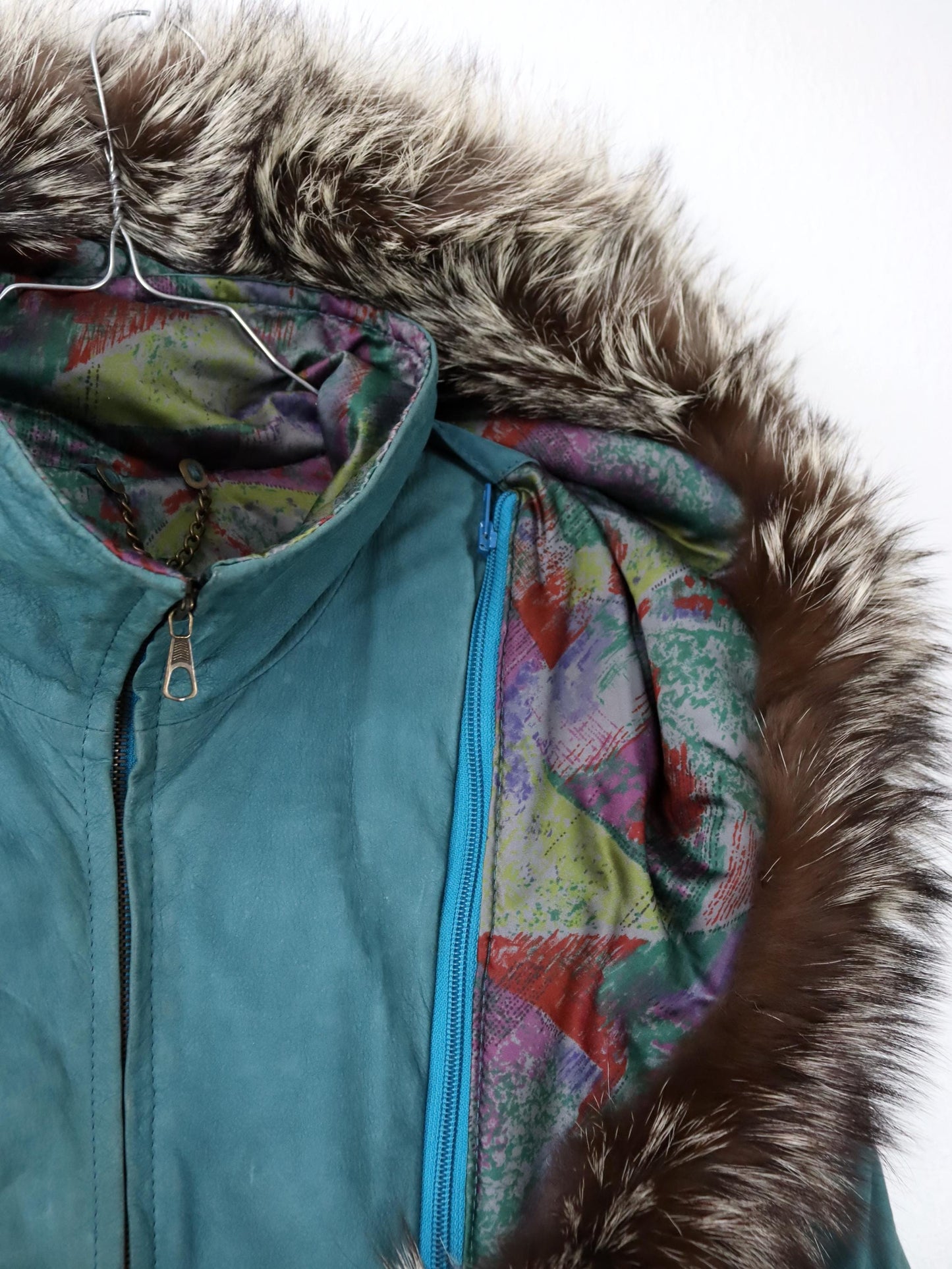 Vintage 80er 90er ALTA MODA Ledermantel Lederjacke Kapuze Pelzkragen türkis 42