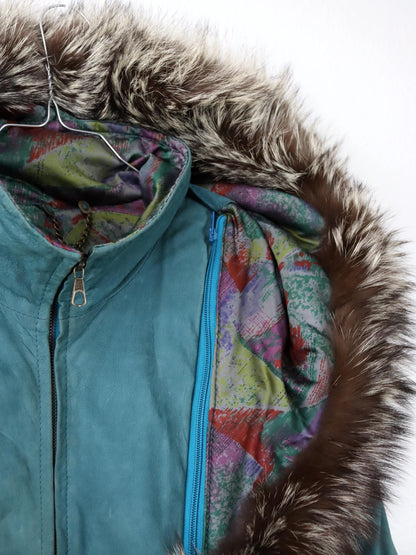 Vintage 80er 90er ALTA MODA Ledermantel Lederjacke Kapuze Pelzkragen türkis 42