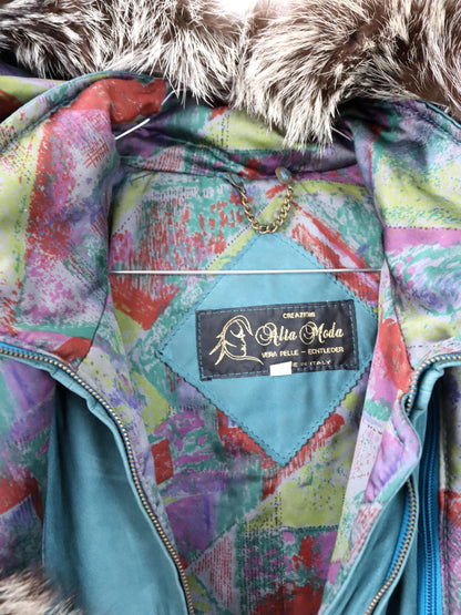 Vintage 80er 90er ALTA MODA Ledermantel Lederjacke Kapuze Pelzkragen türkis 42