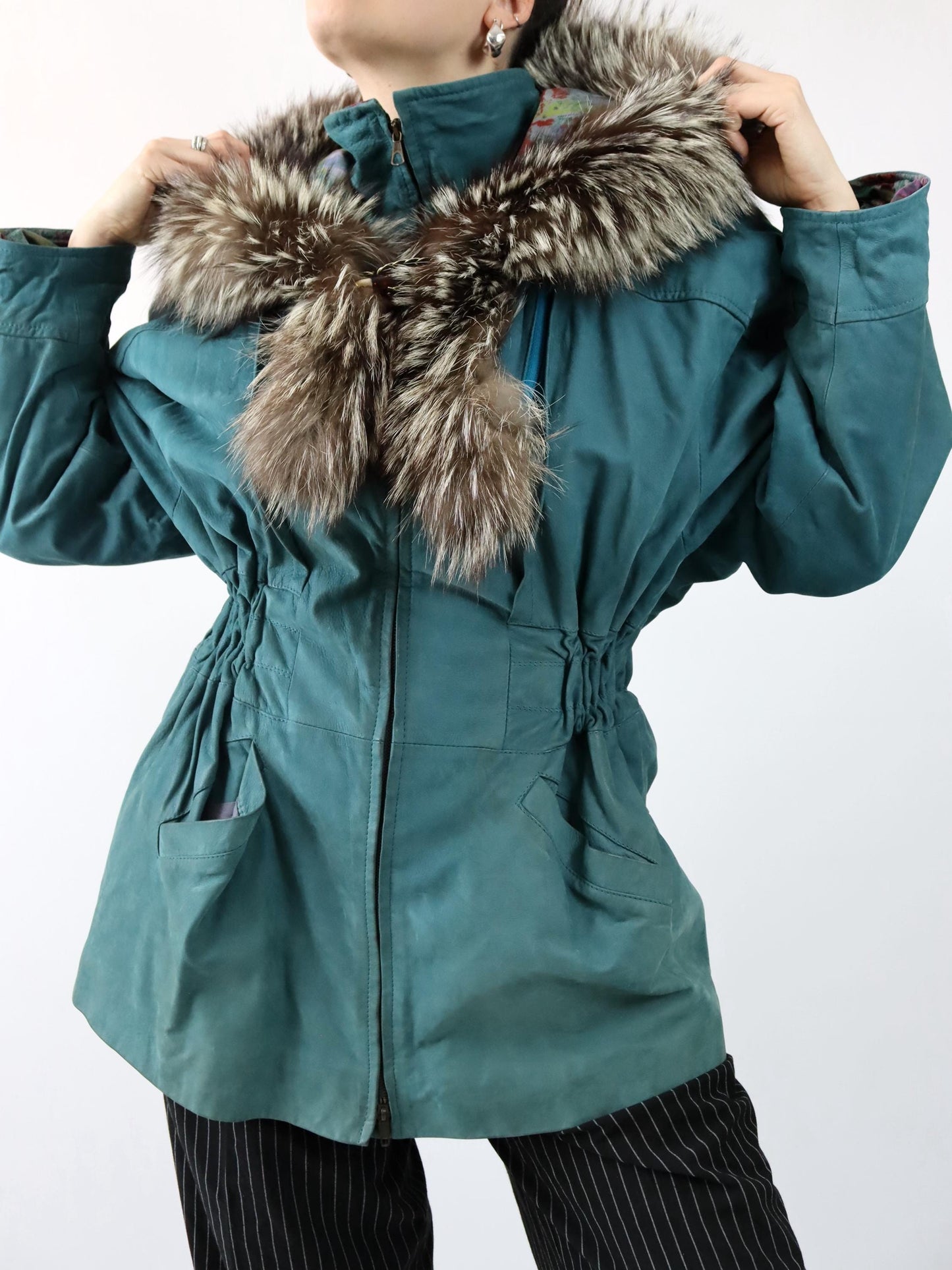 Vintage 80er 90er ALTA MODA Ledermantel Lederjacke Kapuze Pelzkragen türkis 42