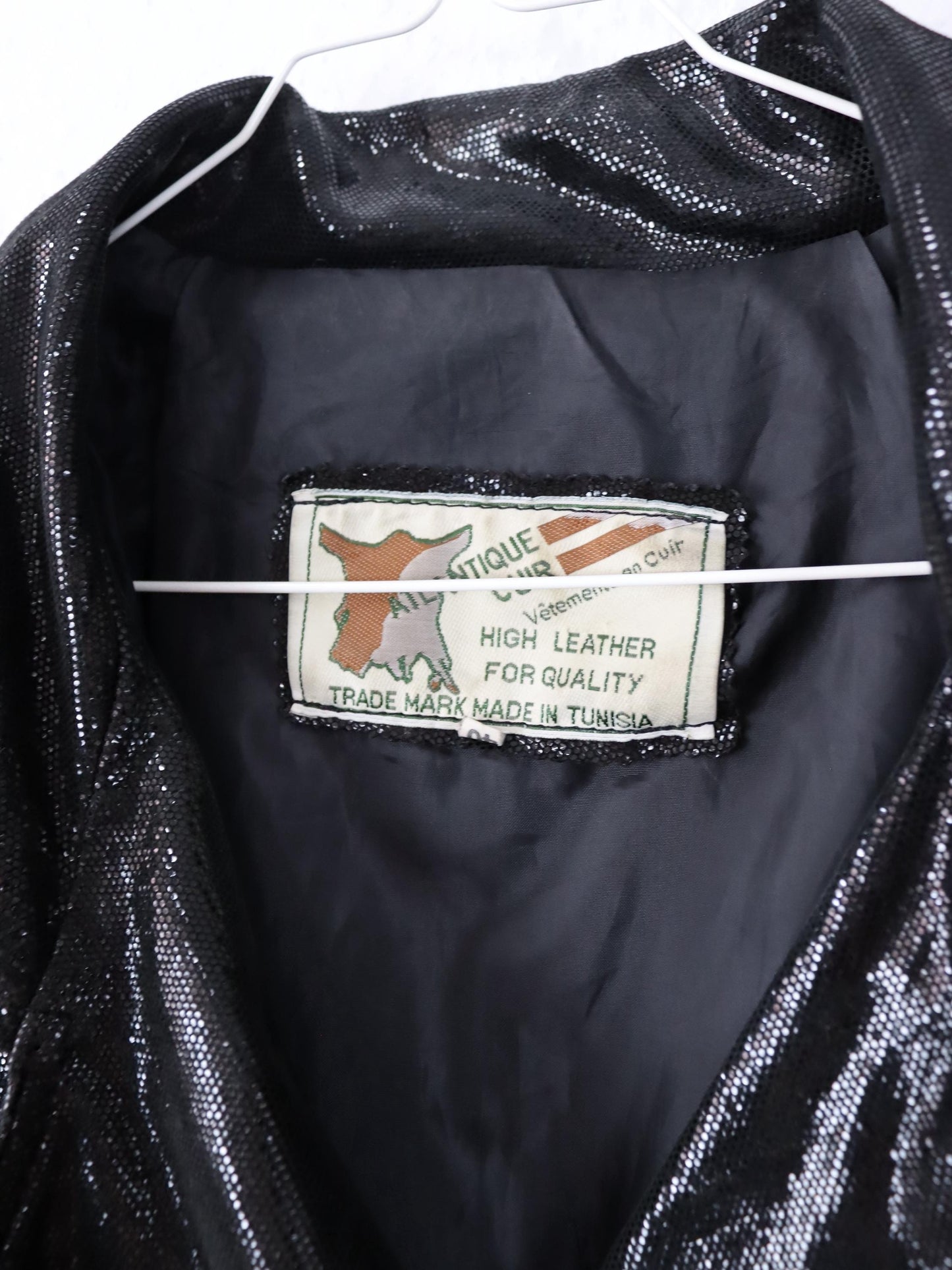 Vintage 80er 90er ATLANTIQUE CUIR Lederjacke Glitzer schwarz Doppelknopfreihe Schulterpolster 40