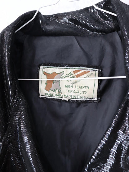 Vintage 80er 90er ATLANTIQUE CUIR Lederjacke Glitzer schwarz Doppelknopfreihe Schulterpolster 40