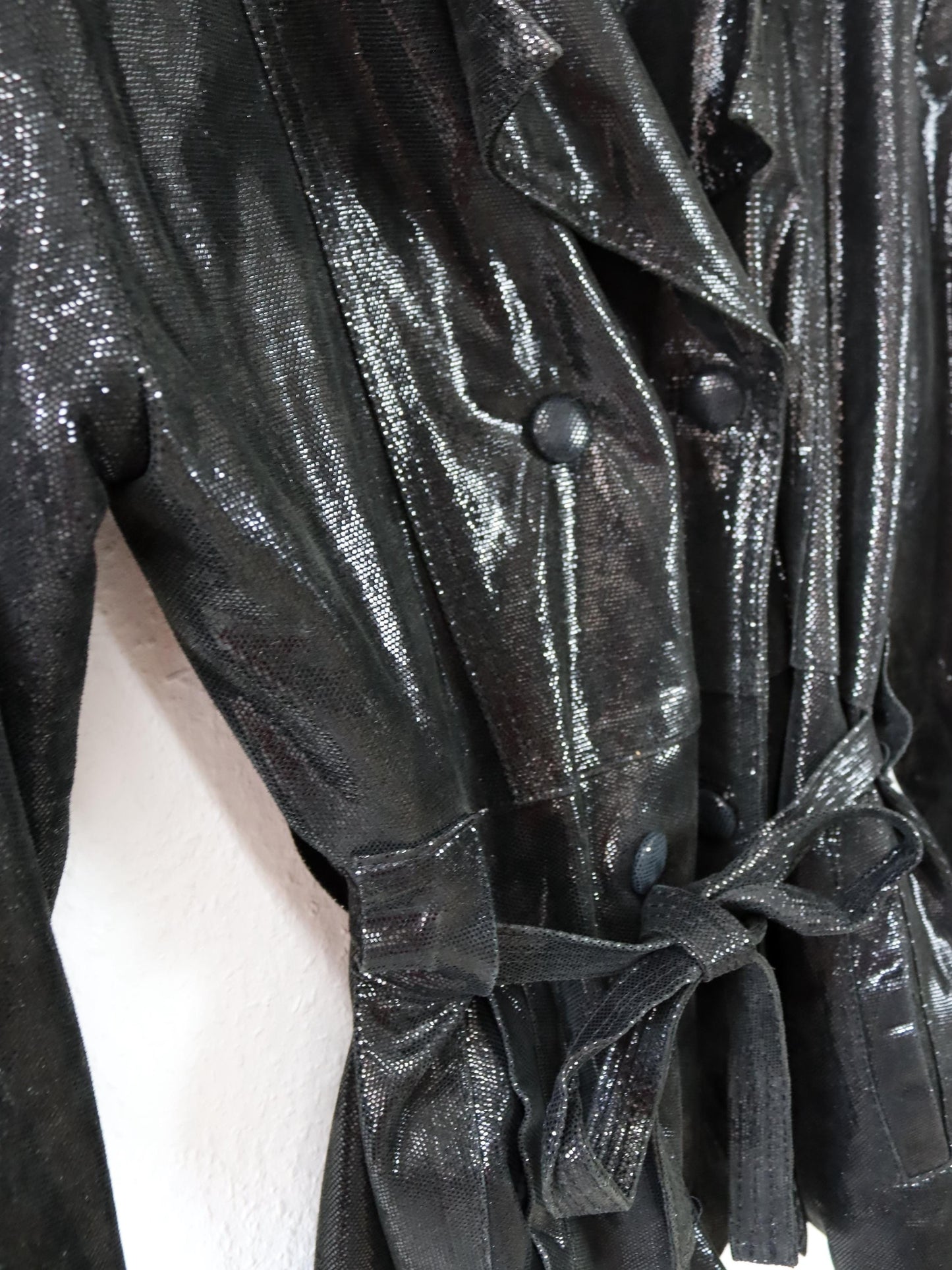 Vintage 80er 90er ATLANTIQUE CUIR Lederjacke Glitzer schwarz Doppelknopfreihe Schulterpolster 40
