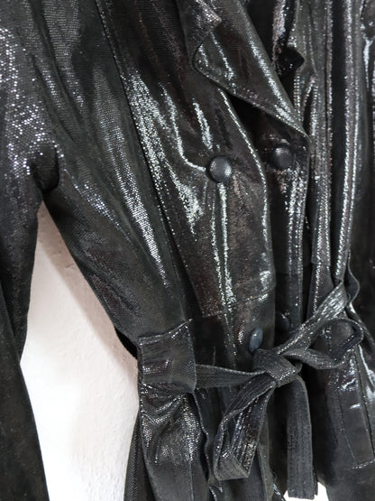 Vintage 80er 90er ATLANTIQUE CUIR Lederjacke Glitzer schwarz Doppelknopfreihe Schulterpolster 40