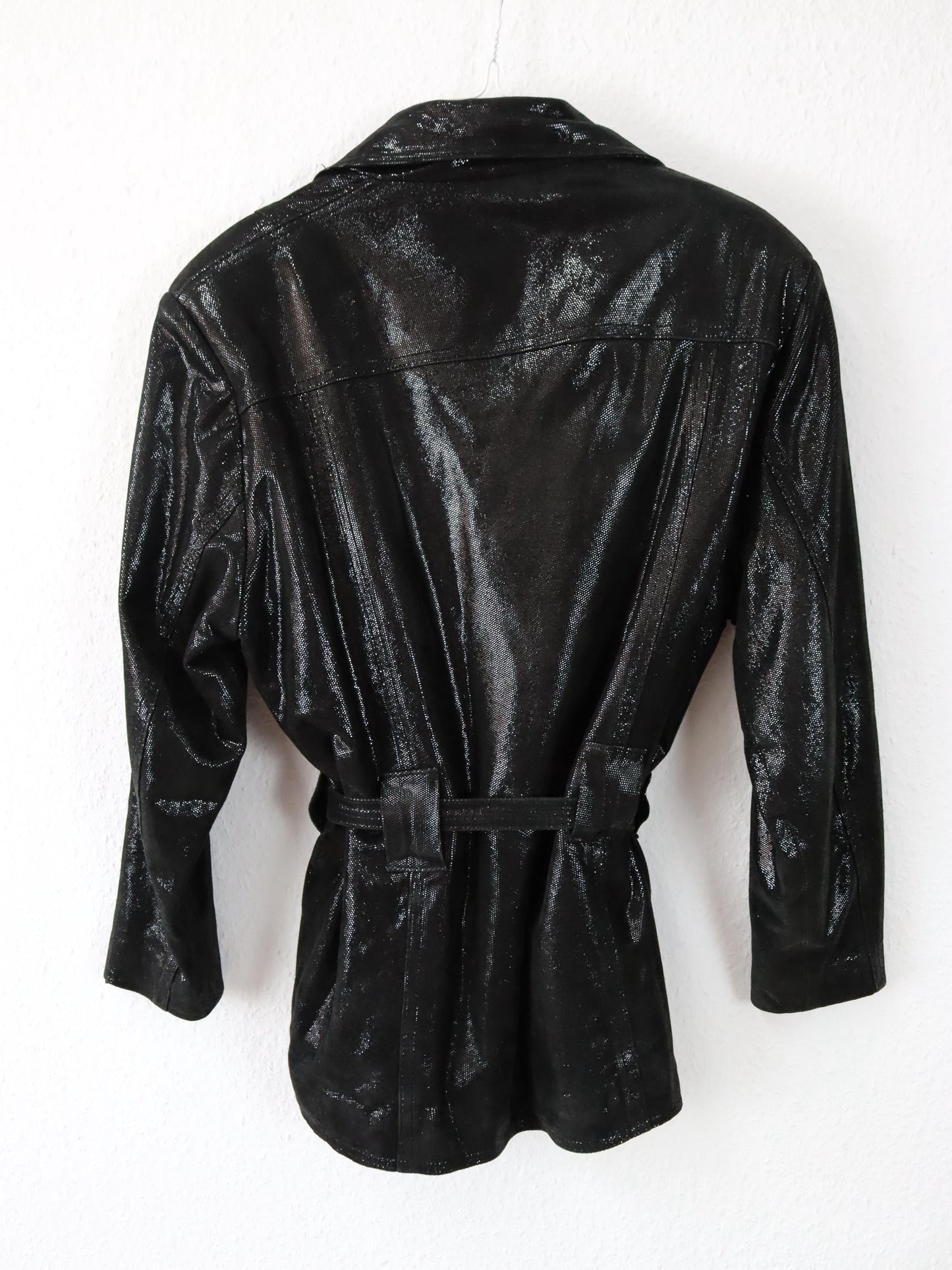 Vintage 80er 90er ATLANTIQUE CUIR Lederjacke Glitzer schwarz Doppelknopfreihe Schulterpolster 40