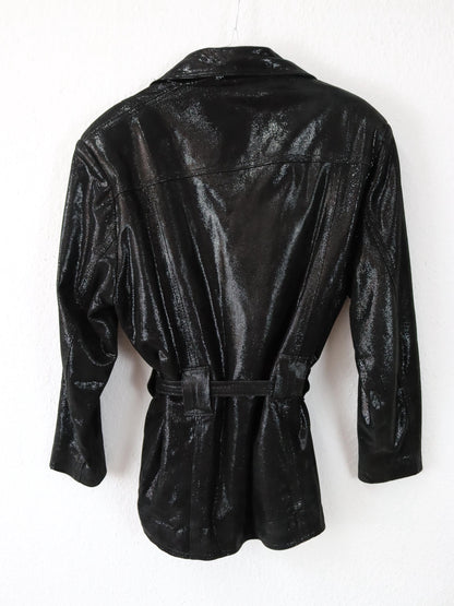 Vintage 80er 90er ATLANTIQUE CUIR Lederjacke Glitzer schwarz Doppelknopfreihe Schulterpolster 40