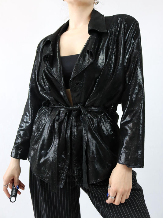 Vintage 80er 90er ATLANTIQUE CUIR Lederjacke Glitzer schwarz Doppelknopfreihe Schulterpolster 40