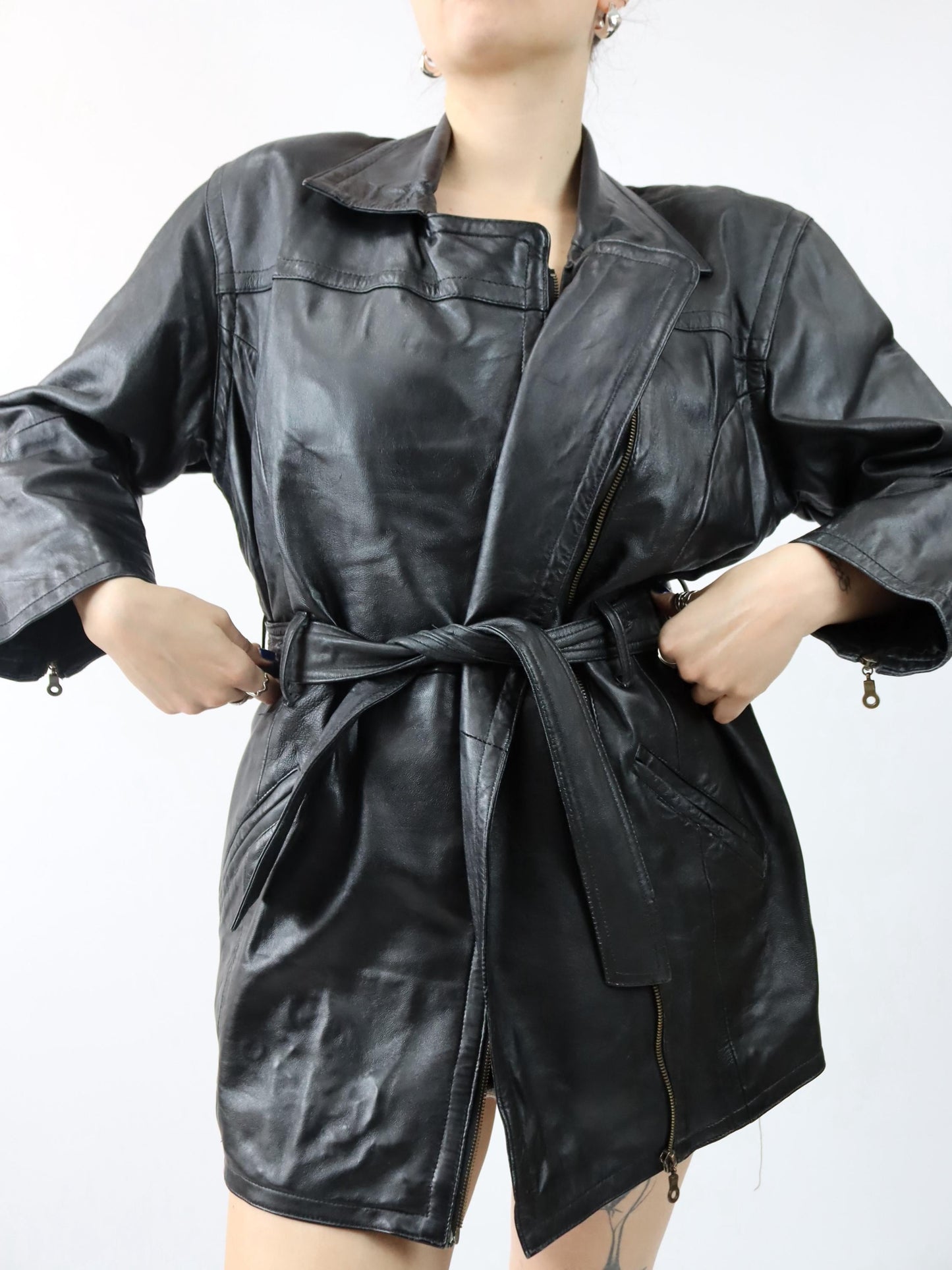 Vintage 80s 90s JCC COLLECTION Leather Jacket Leather Coat Belt Biker Jacket Black 38