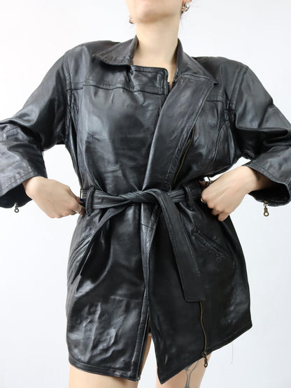 Vintage 80s 90s JCC COLLECTION Leather Jacket Leather Coat Belt Biker Jacket Black 38