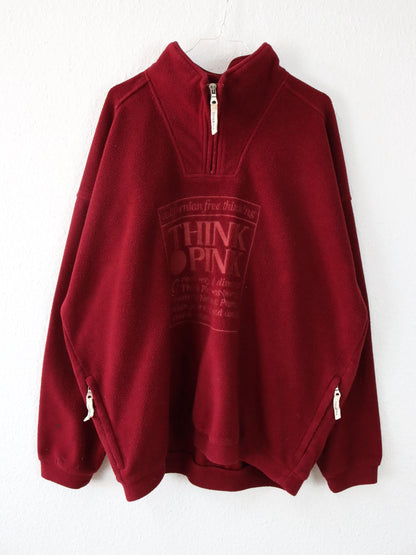 Vintage 80er 90er THINK PINK Fleecepullover Stehkragen bordeaux Stickerei XXL