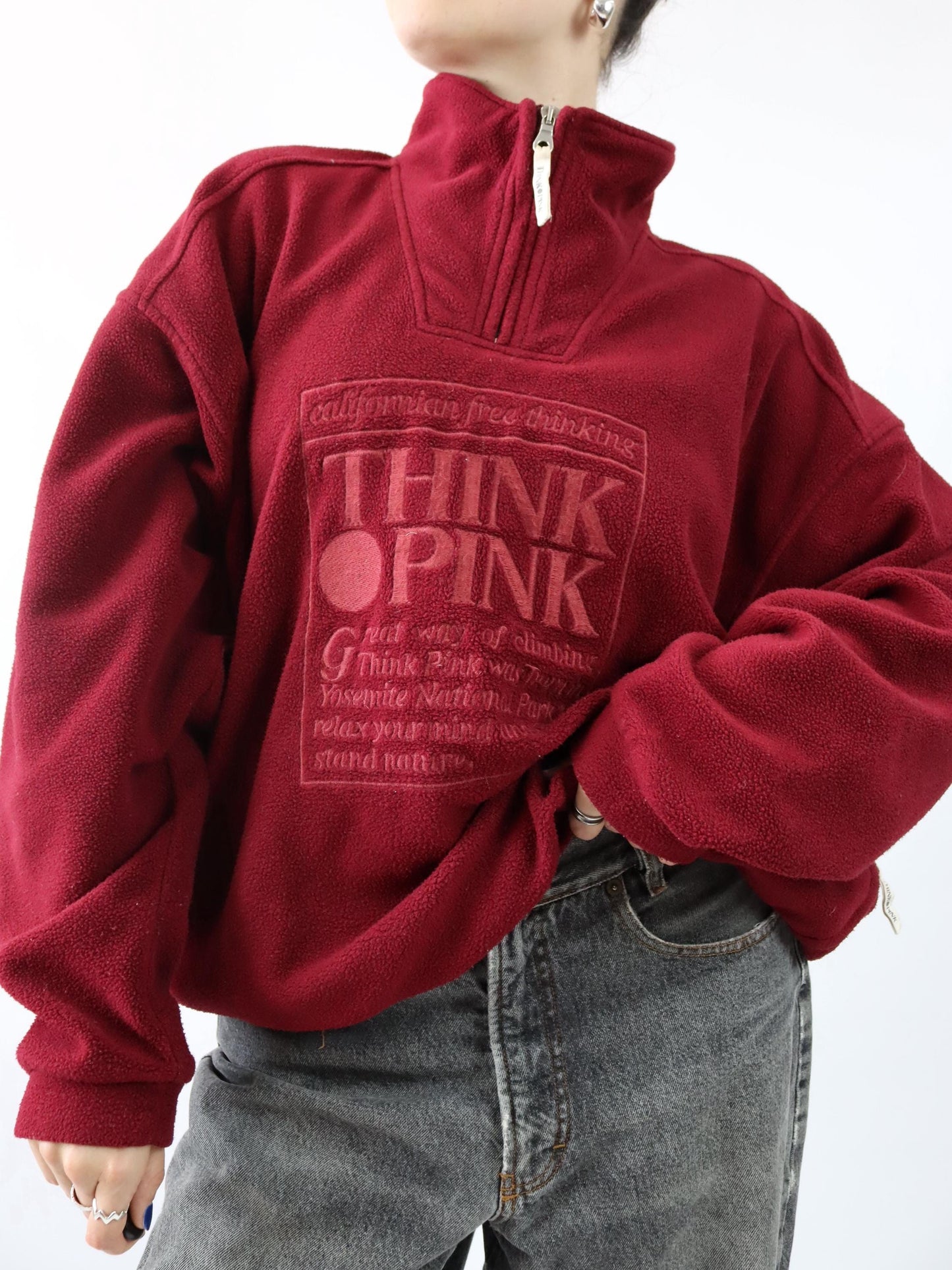 Vintage 80er 90er THINK PINK Fleecepullover Stehkragen bordeaux Stickerei XXL