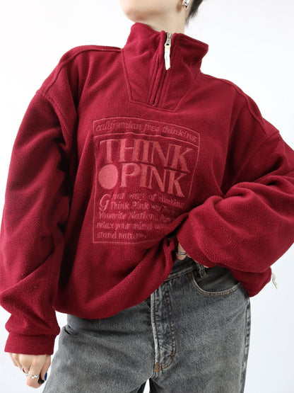 Vintage 80er 90er THINK PINK Fleecepullover Stehkragen bordeaux Stickerei XXL