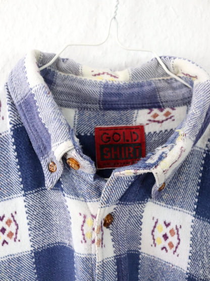Vintage 80s 90s GOLD SHIRT flannel shirt long sleeve crazy pattern S/M