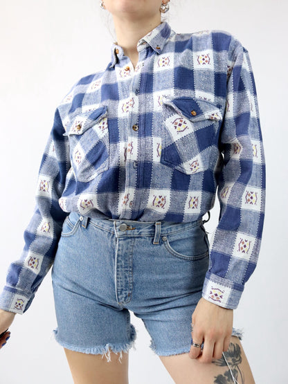 Vintage 80s 90s GOLD SHIRT flannel shirt long sleeve crazy pattern S/M