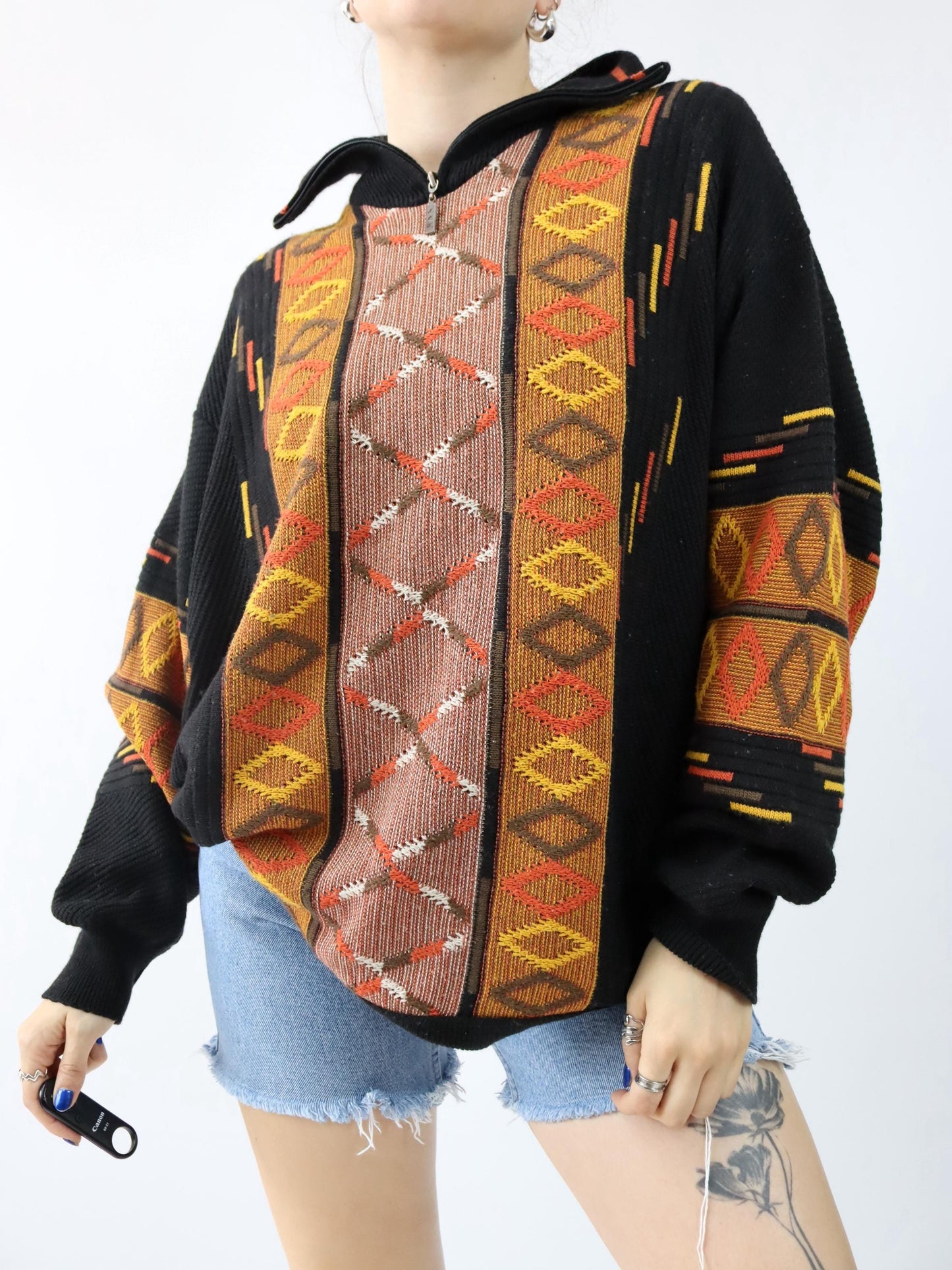 Vintage 90s 00s Wool Sweater Pullover Wool patterned Stand-up Collar black orange XXL