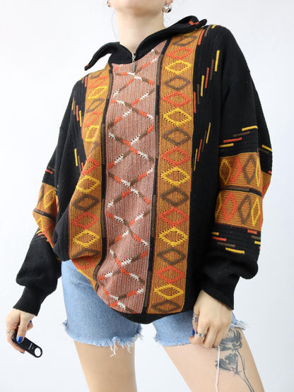 Vintage 90s 00s Wool Sweater Pullover Wool patterned Stand-up Collar black orange XXL