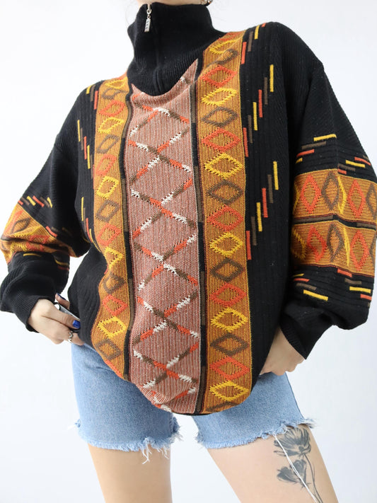 Vintage 90er 00er Wollpullover Pullover Wolle gemustert Stehkragen schwarz orange XXL