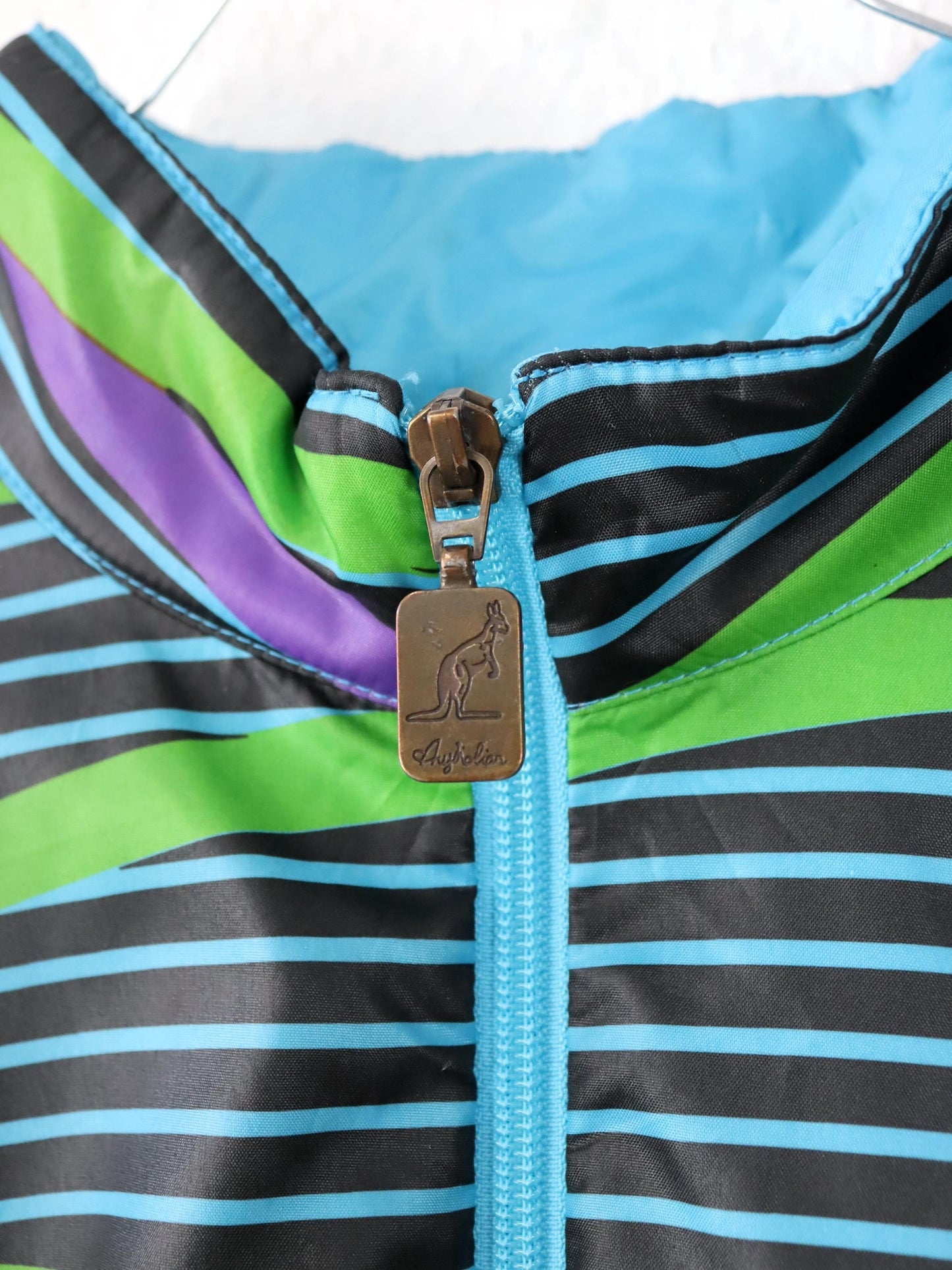 Vintage 80s 90s AUSTRALIAN Track Jacket Vest crazy pattern blue green purple 50 M/L