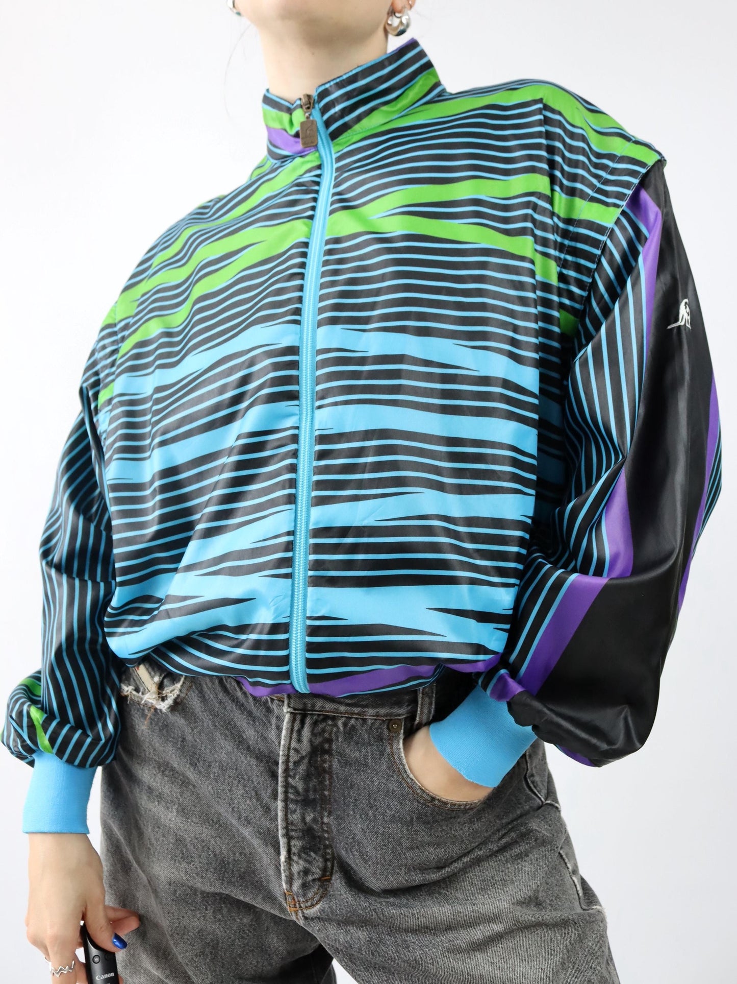 Vintage 80s 90s AUSTRALIAN Track Jacket Vest crazy pattern blue green purple 50 M/L