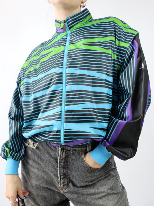 Vintage 80er 90er AUSTRALIAN Trainingsjacke Weste crazy pattern blau grün lila 50 M/L