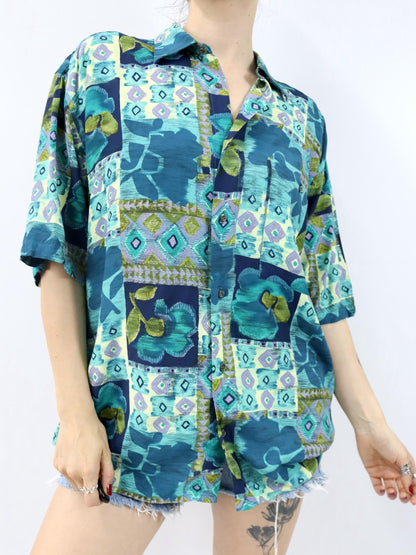 Vintage 80er 90er CARLO REGONA Hemd kurzarm crazy pattern Viskose blau grün XL