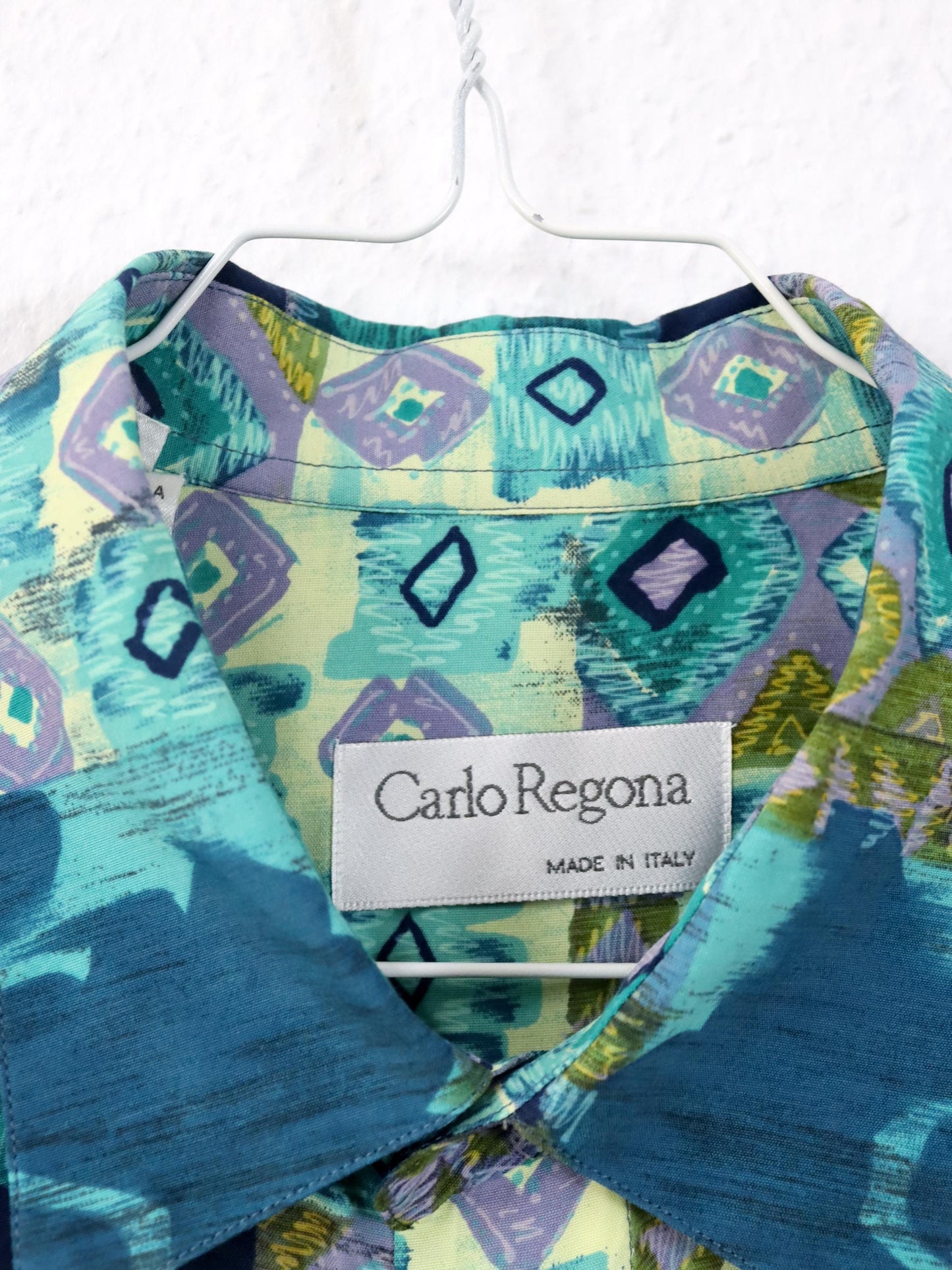 Vintage 80er 90er CARLO REGONA Hemd kurzarm crazy pattern Viskose blau grün XL