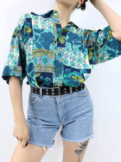 Vintage 80er 90er CARLO REGONA Hemd kurzarm crazy pattern Viskose blau grün XL