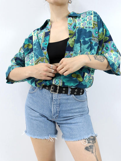 Vintage 80er 90er CARLO REGONA Hemd kurzarm crazy pattern Viskose blau grün XL