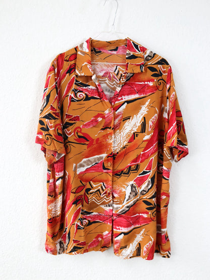 Vintage 80er 90er Hemd Bluse kurzarm crazy pattern orange rot L