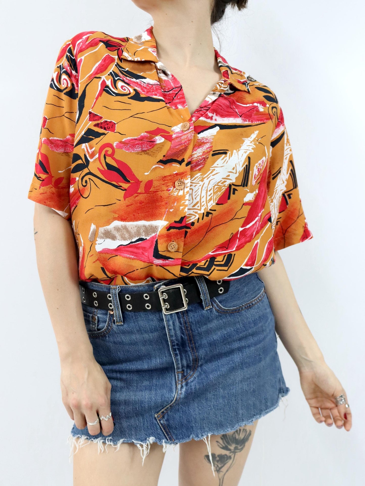 Vintage 80er 90er Hemd Bluse kurzarm crazy pattern orange rot L