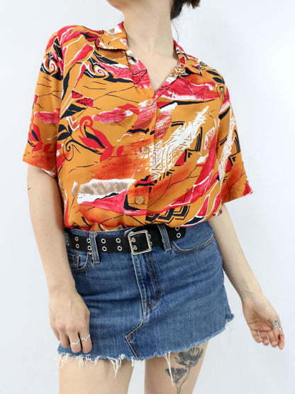 Vintage 80er 90er Hemd Bluse kurzarm crazy pattern orange rot L