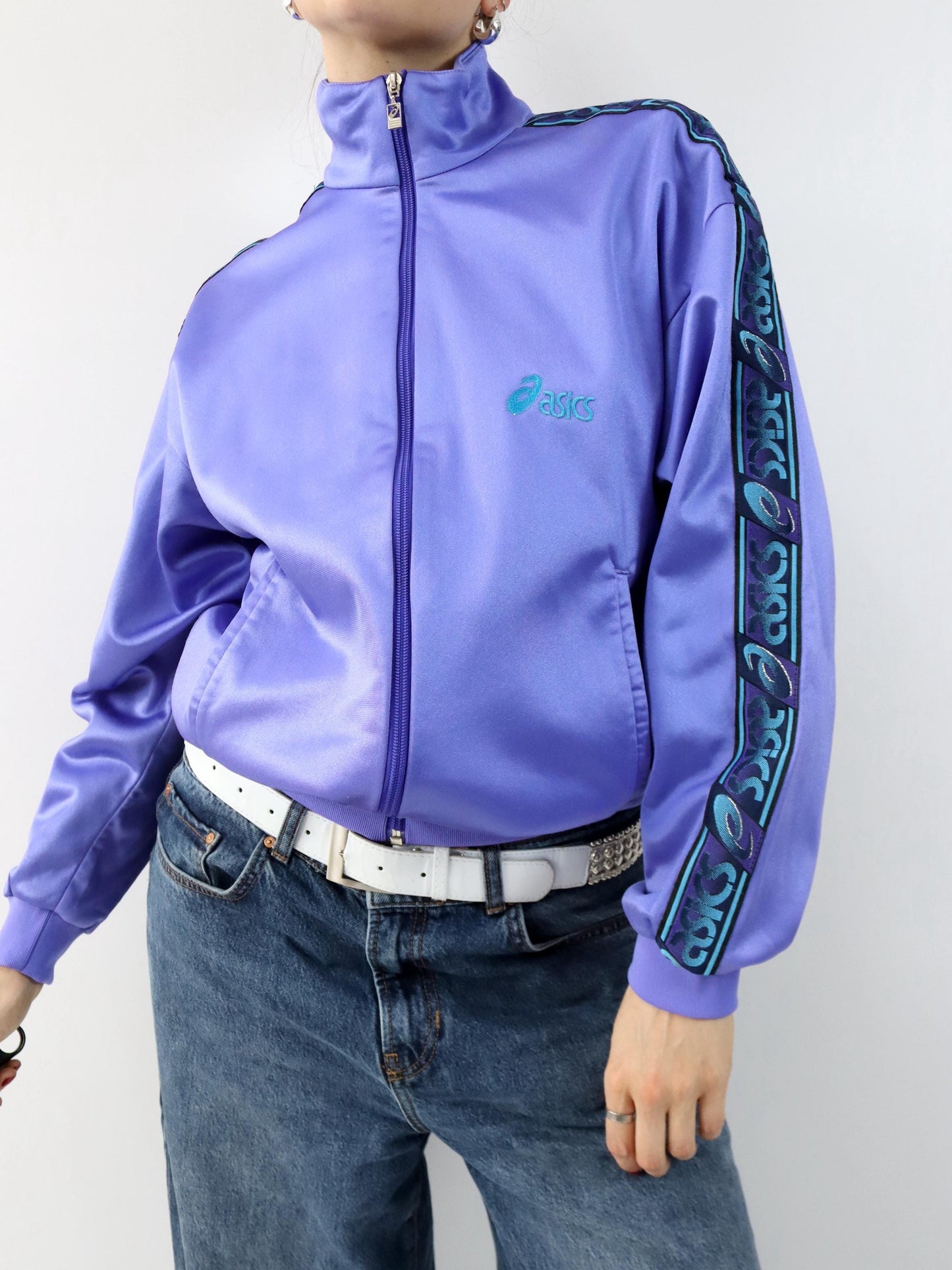 Vintage 80er 90er ASICS Trainingsjacke Jacke Stehkragen lila L