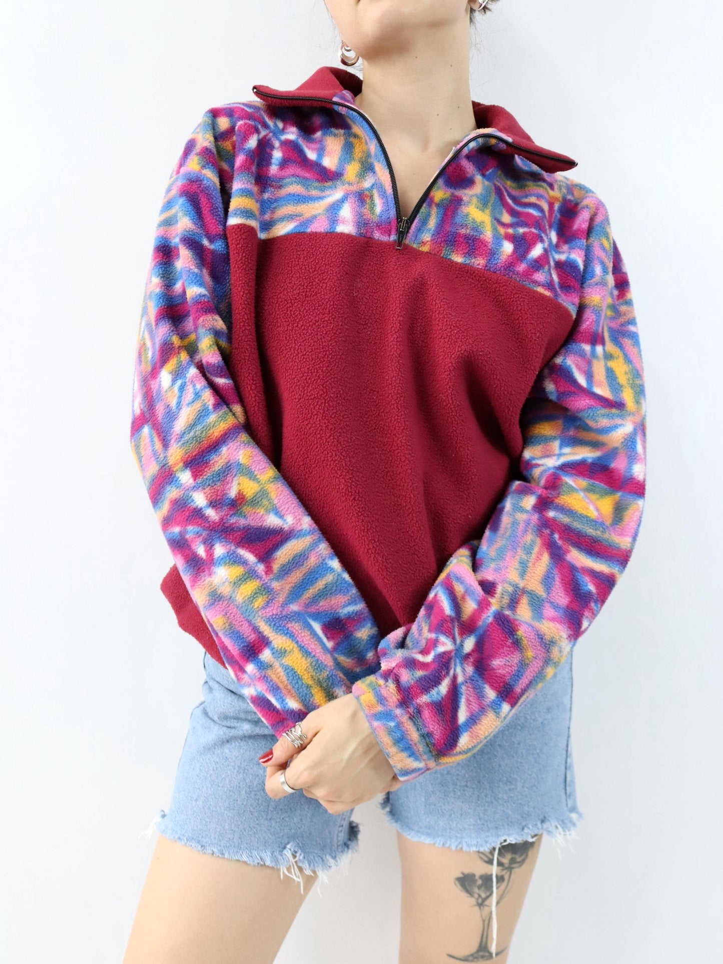 Vintage 80er 90er Fleecepullover Pullover  Stehkragen crazy pattern rot blau gelb XL