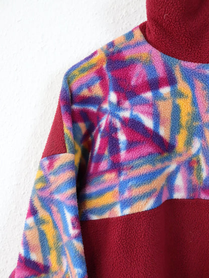Vintage 80er 90er Fleecepullover Pullover  Stehkragen crazy pattern rot blau gelb XL