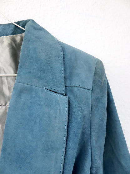 Vintage 80er 90er CASA LOPEZ Blazer Wildleder Jacke hellblau Schulterpolster Gürtel S/M