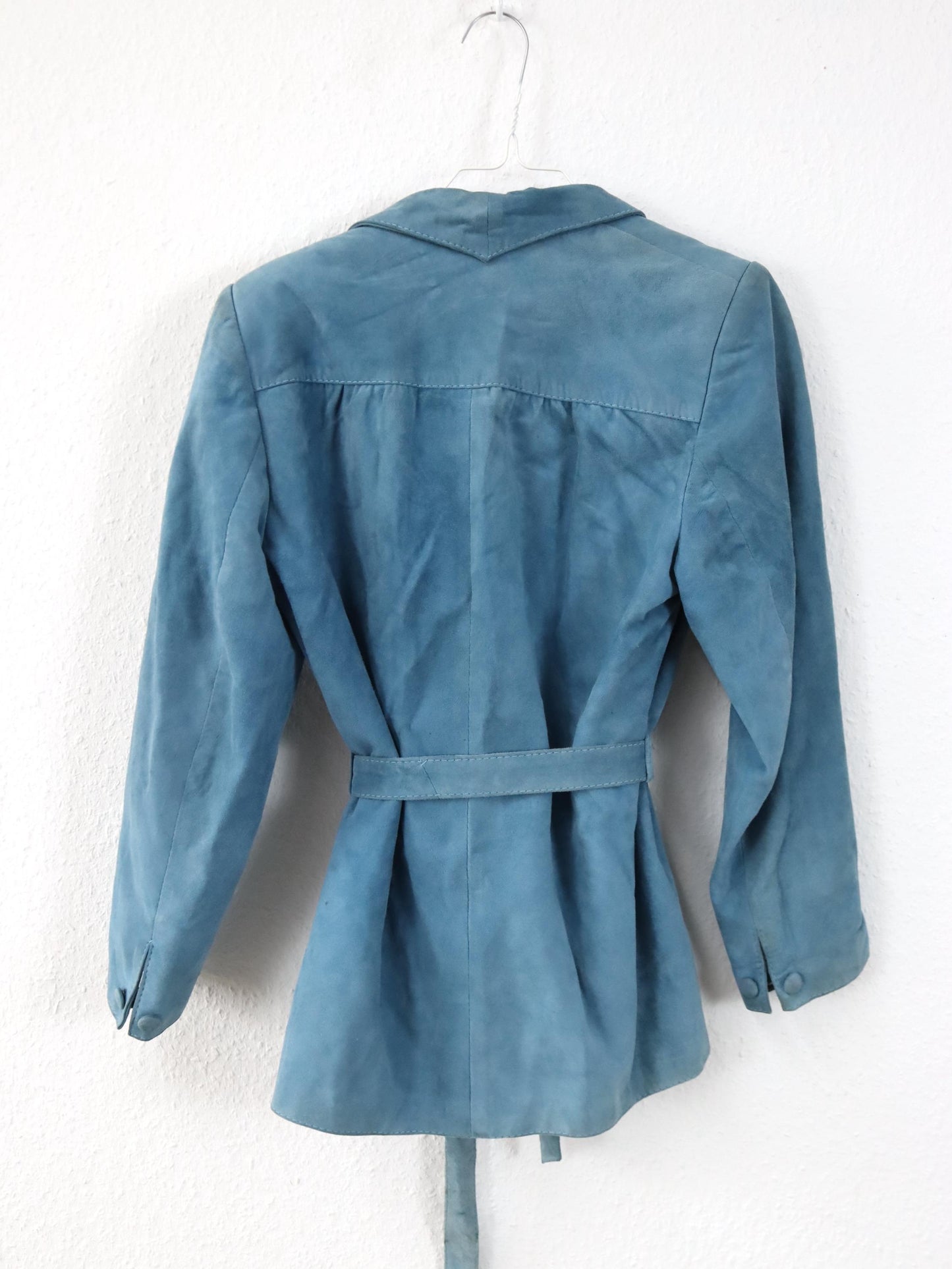 Vintage 80er 90er CASA LOPEZ Blazer Wildleder Jacke hellblau Schulterpolster Gürtel S/M