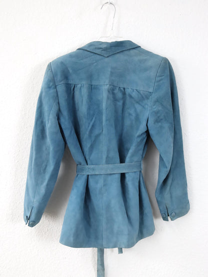 Vintage 80er 90er CASA LOPEZ Blazer Wildleder Jacke hellblau Schulterpolster Gürtel S/M