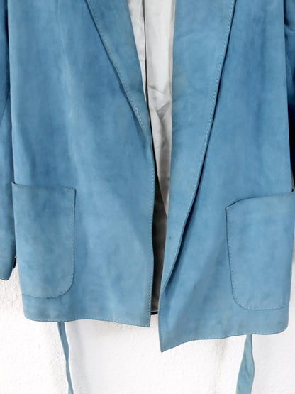 Vintage 80er 90er CASA LOPEZ Blazer Wildleder Jacke hellblau Schulterpolster Gürtel S/M