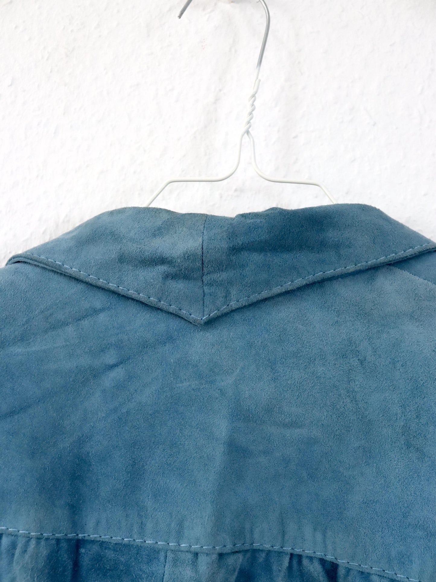 Vintage 80er 90er CASA LOPEZ Blazer Wildleder Jacke hellblau Schulterpolster Gürtel S/M