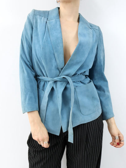 Vintage 80er 90er CASA LOPEZ Blazer Wildleder Jacke hellblau Schulterpolster Gürtel S/M
